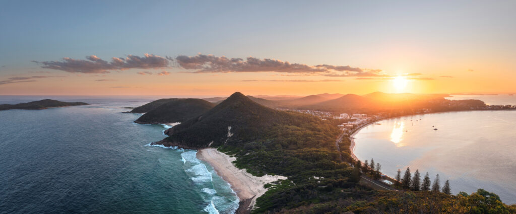 Scenic views over Shoal Bay Beach, Zenith Beach, Wreck Beach and Box Beach in Port Stephens from Tomaree Head Summit.